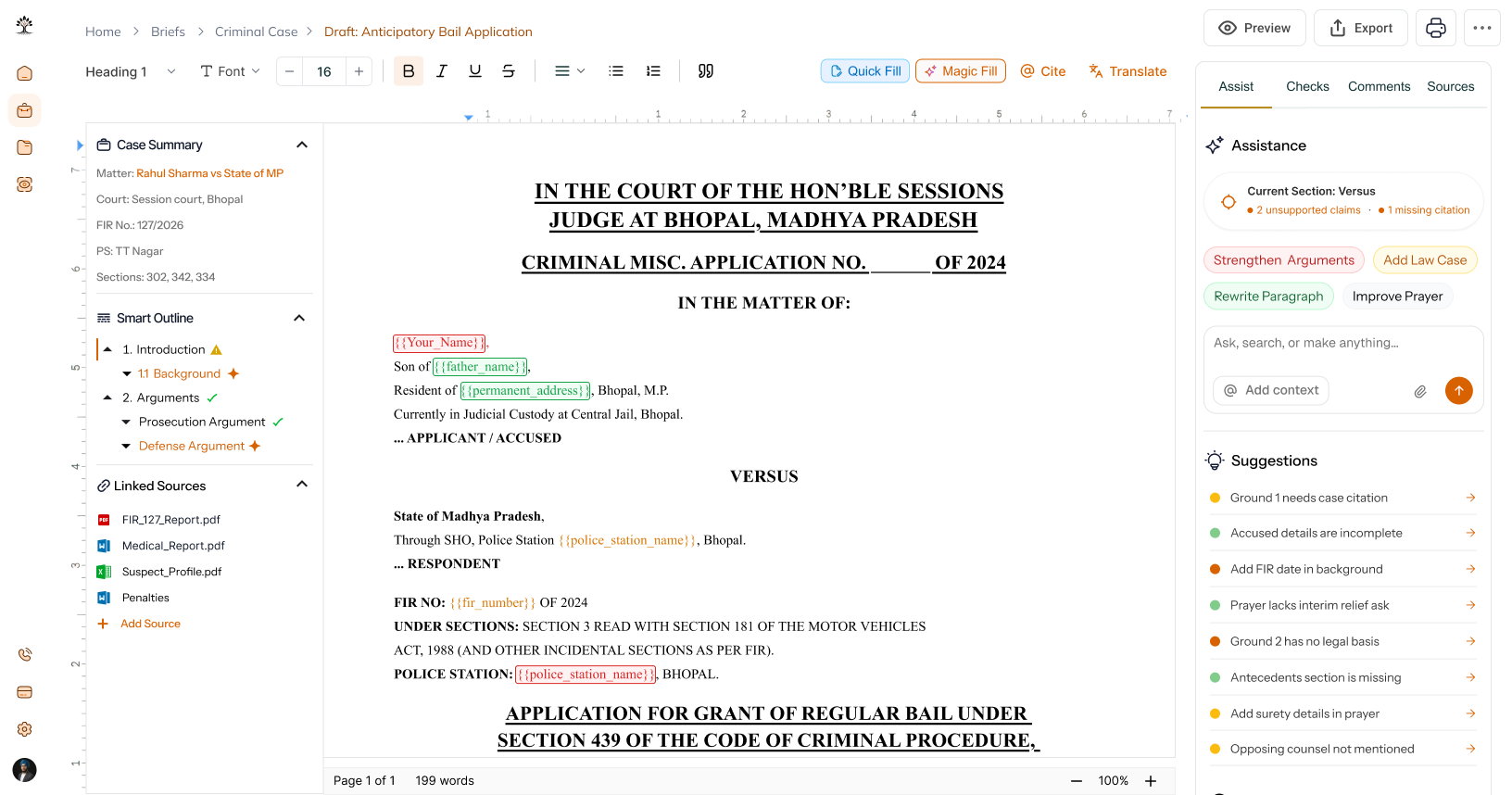 LawVriksh Draft workspace — a bail application drafted on verified facts, with citations and IPC-to-BNS checks.