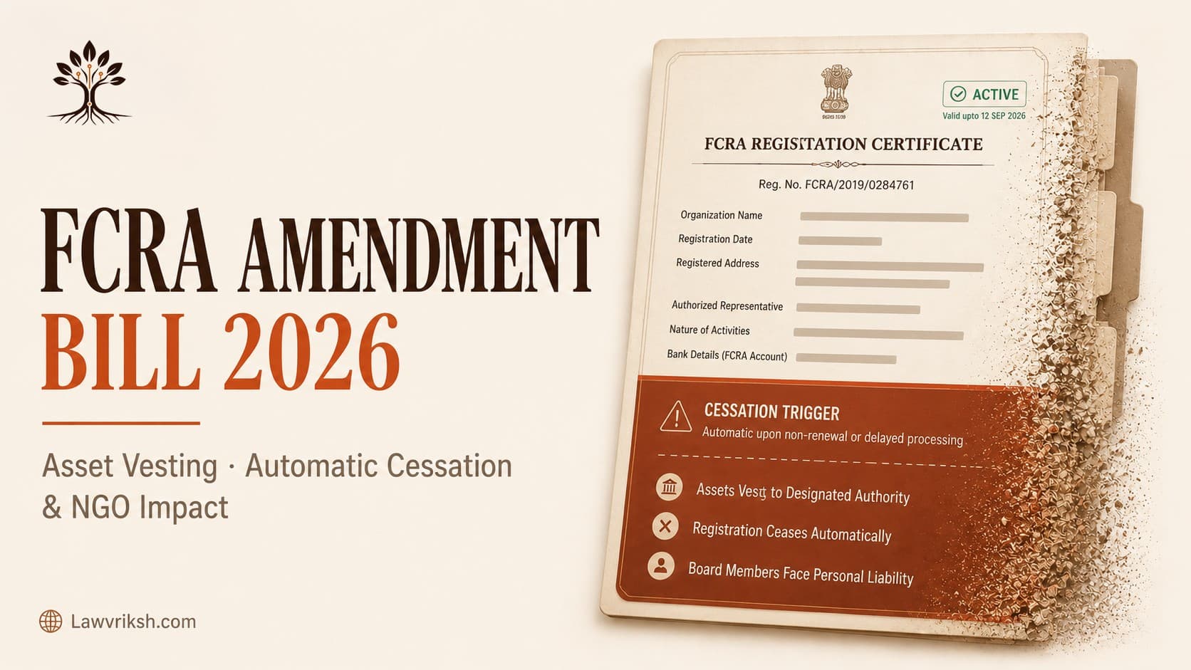 FCRA Amendment Bill 2026: Asset Vesting, Automatic Cessation & NGO Impact featured image